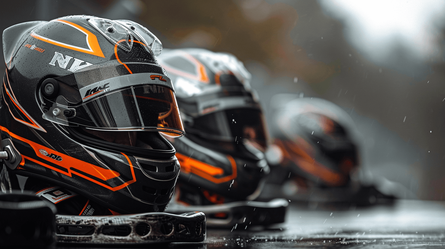 Row of NKRL racing helmets on a misty tarmac