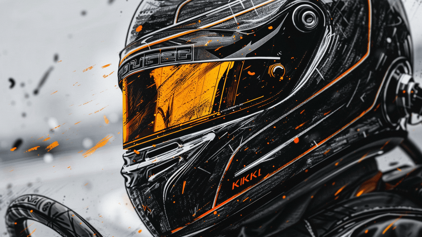 Close-up side profile of a racing helmet with orange visor